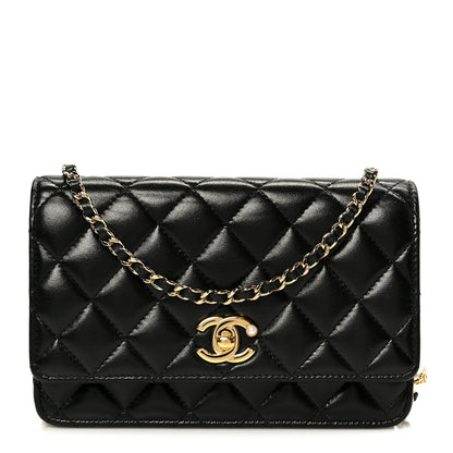 Shiny Lambskin Quilted CC Pearl Wallet on Chain WOC Black