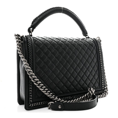 Calfskin Quilted Large Boy Top Handle Flap Black