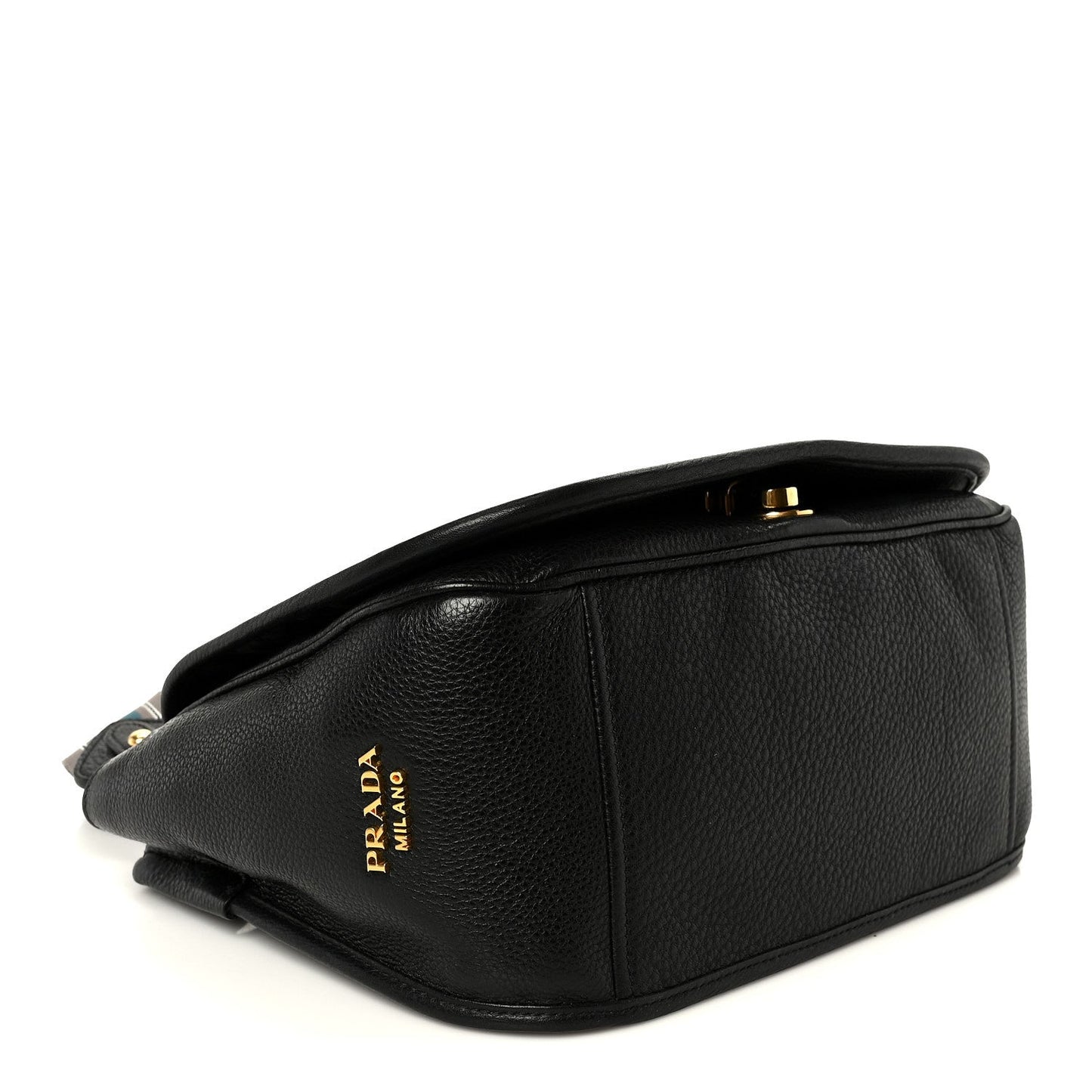 Vitello Daino Embossed Logo Flap Shoulder Bag Black
