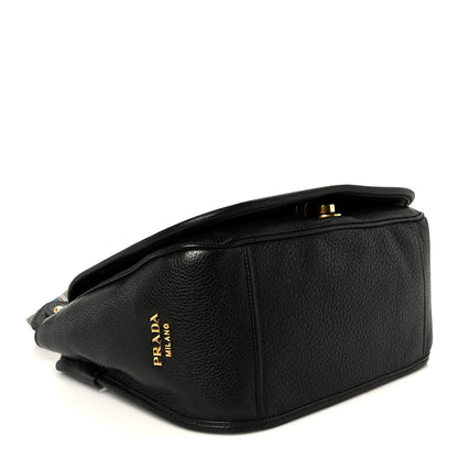 Vitello Daino Embossed Logo Flap Shoulder Bag Black
