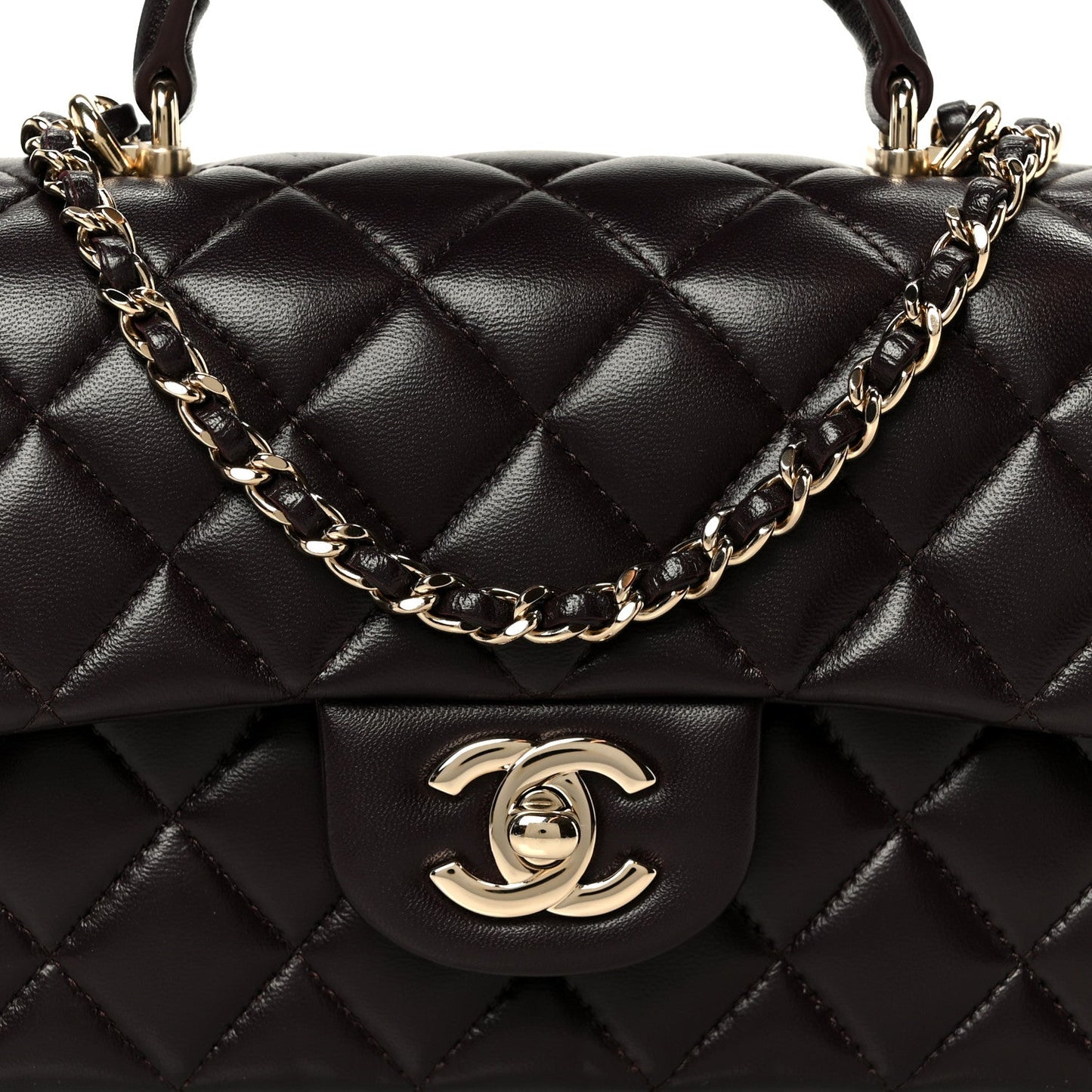 Lambskin Quilted Mini Top Handle Rectangular Flap Dark Brown