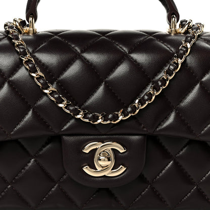 Lambskin Quilted Mini Top Handle Rectangular Flap Dark Brown