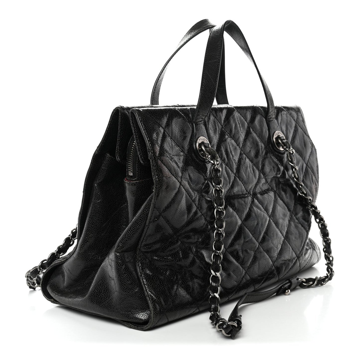 Crumpled Grained Calfskin Quilted CC Crave Tote Black