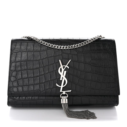 Calfskin Crocodile Embossed Medium Classic Monogram Kate Tassel Satchel Black
