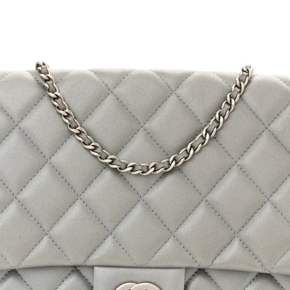Metallic Lambskin Quilted Clutch With Chain Flap Silver