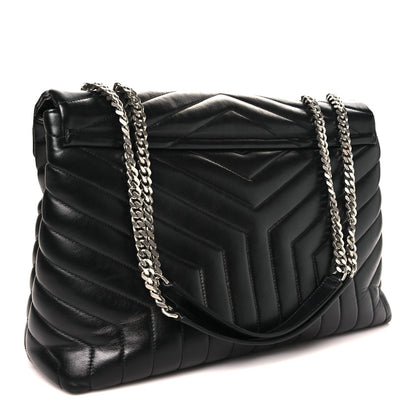 Calfskin Y Quilted Monogram Large Loulou Chain Satchel Black