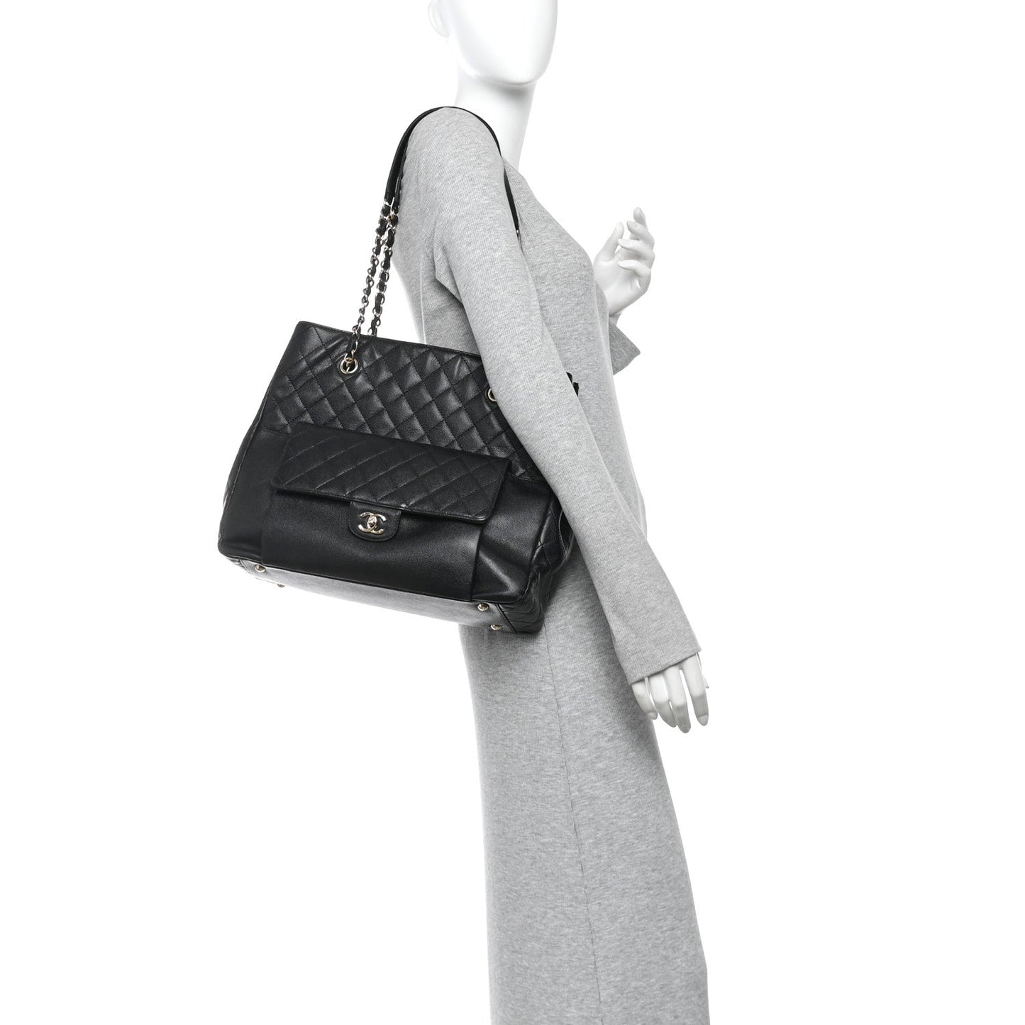 Caviar Quilted Large Flap Shopping Tote Black