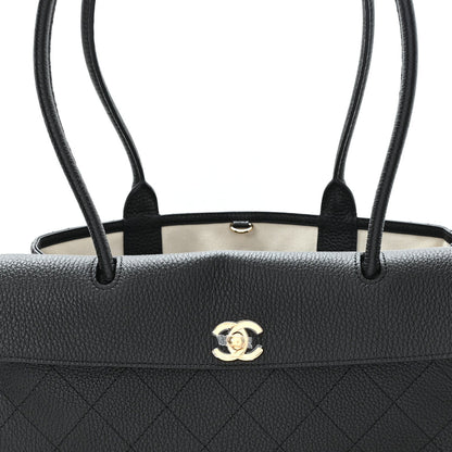 Grained Calfskin Stitched Urban Essentials Small Shopping Bag Black