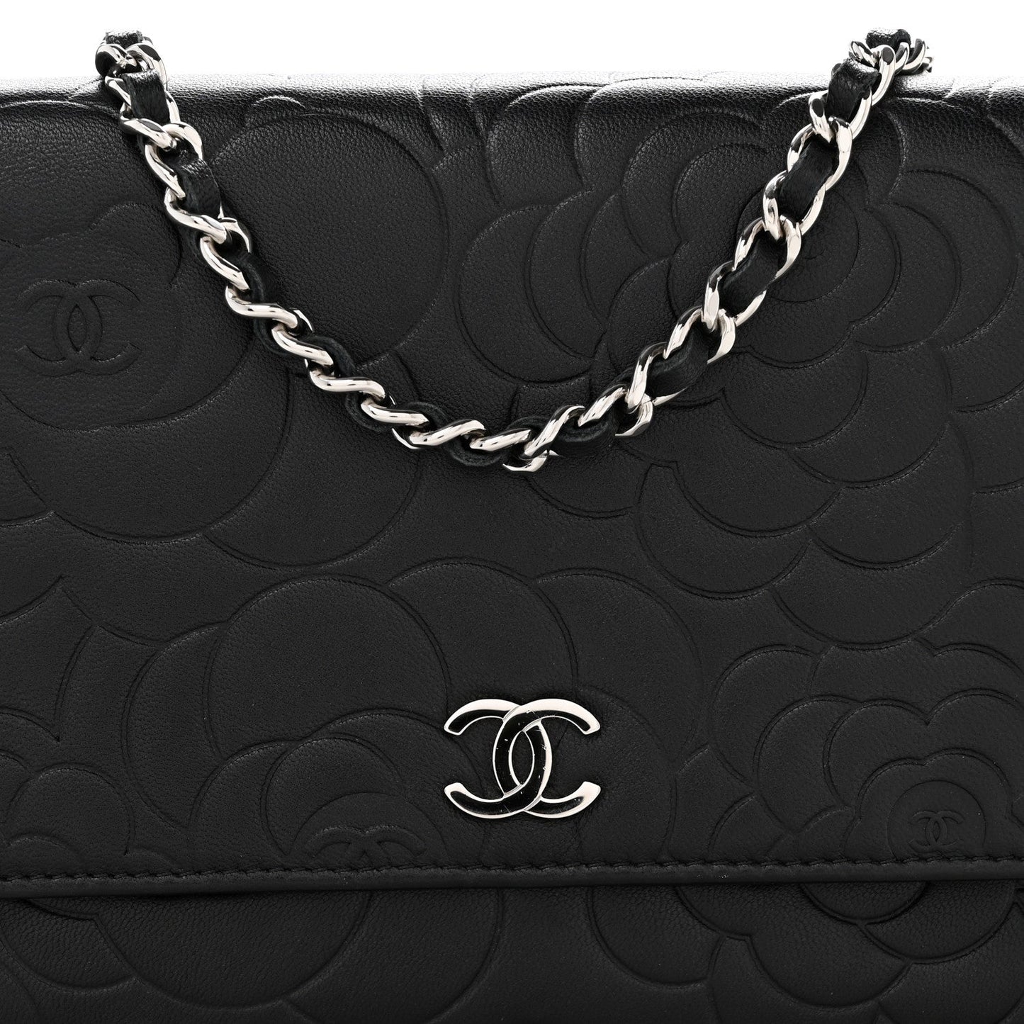 Lambskin Camellia Embossed Wallet On Chain WOC Black