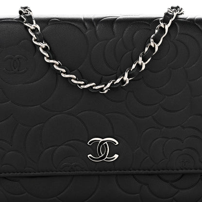 Lambskin Camellia Embossed Wallet On Chain WOC Black