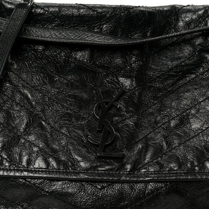 Crinkled Calfskin Matelasse Monogram Large Niki Chain Satchel Black