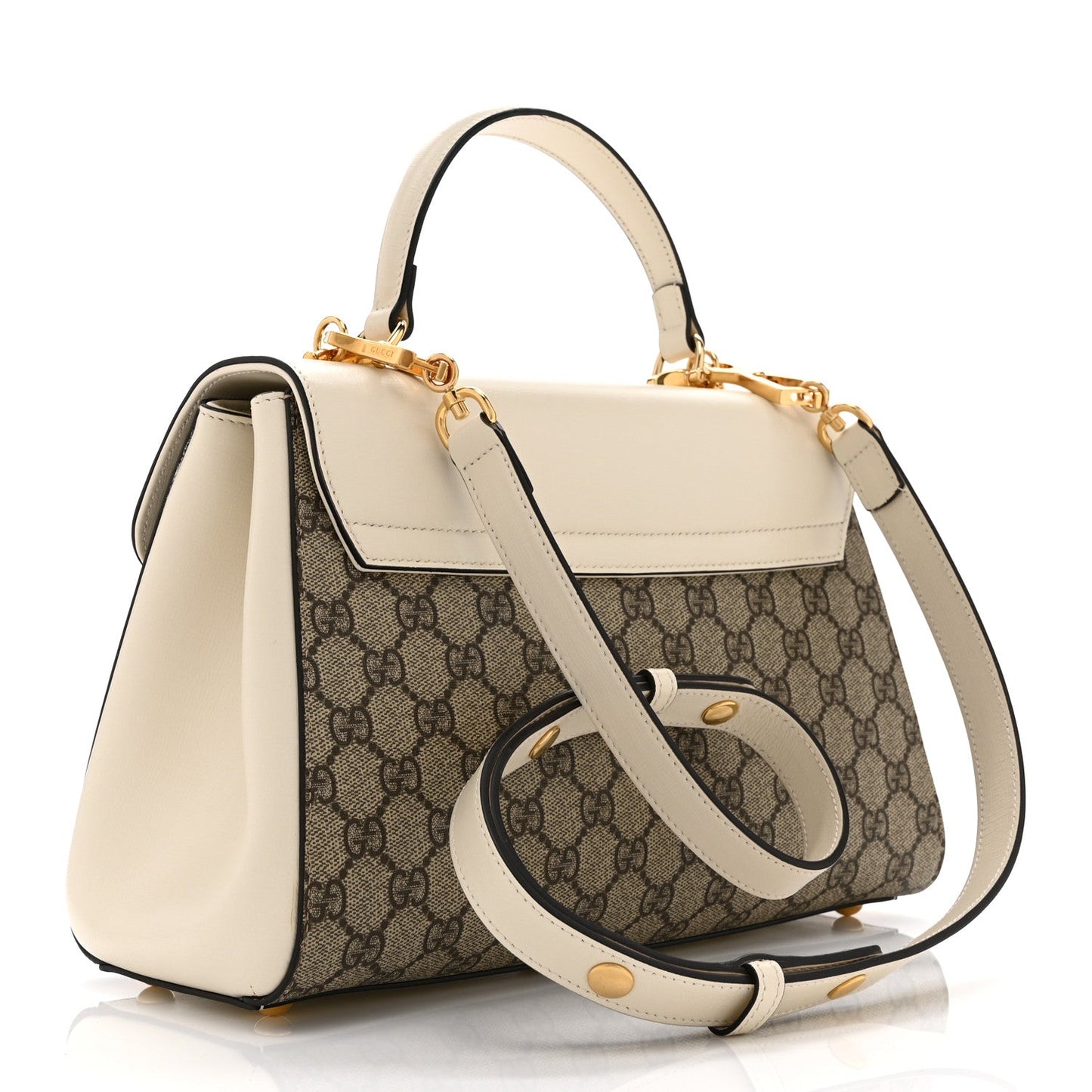 GG Supreme Monogram Calfskin Medium Horsebit 1955 Top Handle Bag Beige Ebony Mystic White
