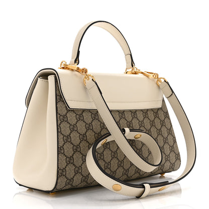 GG Supreme Monogram Calfskin Medium Horsebit 1955 Top Handle Bag Beige Ebony Mystic White