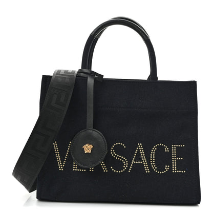 Canvas Studded Small Logo Tote Bag Black