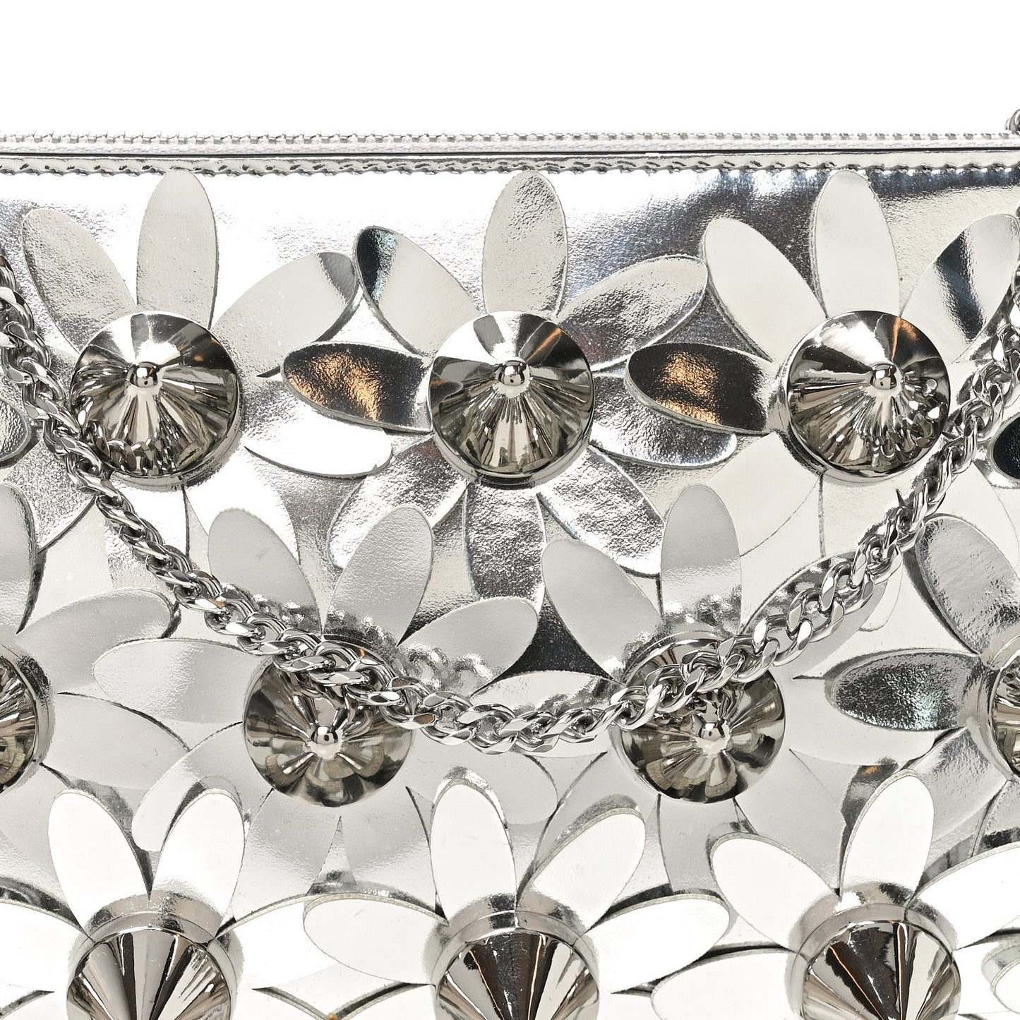 Metallic Patent Calfskin Flower Loubila Chain Clutch Silver
