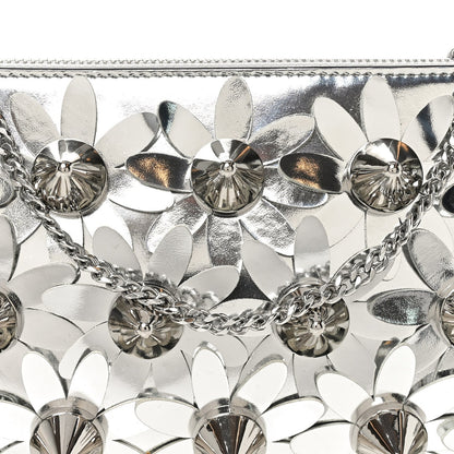 Metallic Patent Calfskin Flower Loubila Chain Clutch Silver