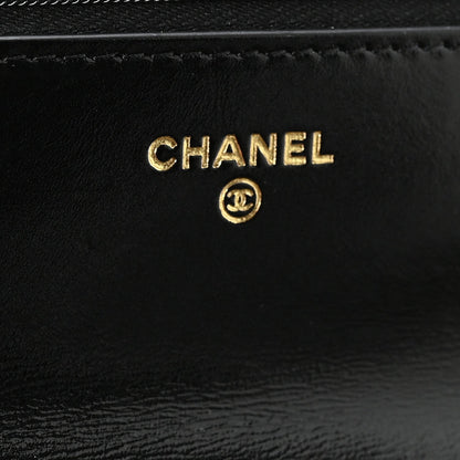 Shiny Crumpled Calfskin Quilted Precious Tie Wallet On Chain WOC Black