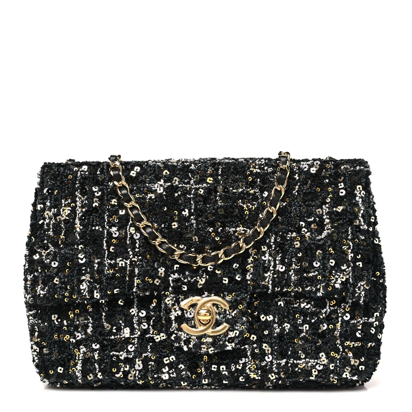 Tweed Sequin Small Single Flap Black Silvery Golden