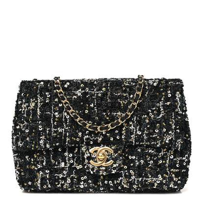 Tweed Sequin Small Single Flap Black Silvery Golden