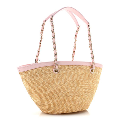 Raffia Braided Lambskin Small Wicker Tote Beige Light Pink