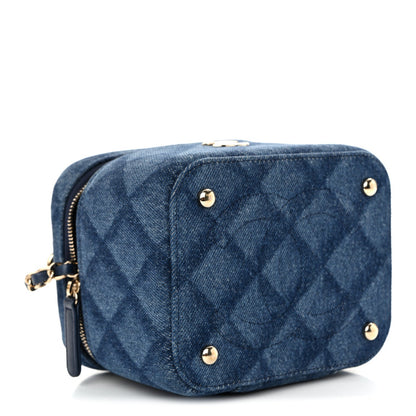 Printed Denim Quilted Mini Top Handle Vanity Case With Chain Dark Blue