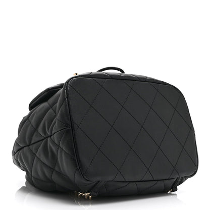 Lambskin Quilted Double Pocket Drawstring Backpack Black