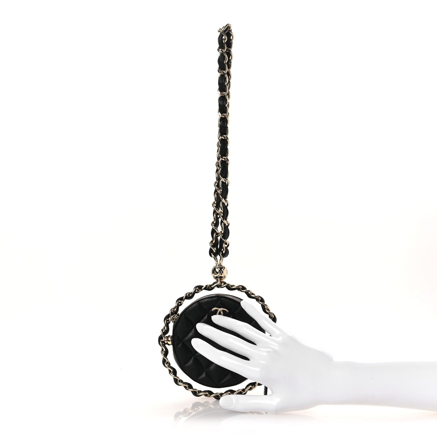 Lambskin Quilted Chain Round Mini Clutch Black