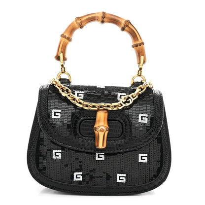 Sequin Lizard Embossed GG Mini Bamboo 1947 Top Handle Chain Bag Black White