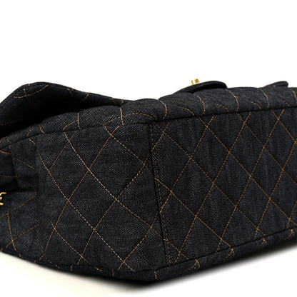 Denim Quilted XXL Travel Flap Bag Dark Blue Orange
