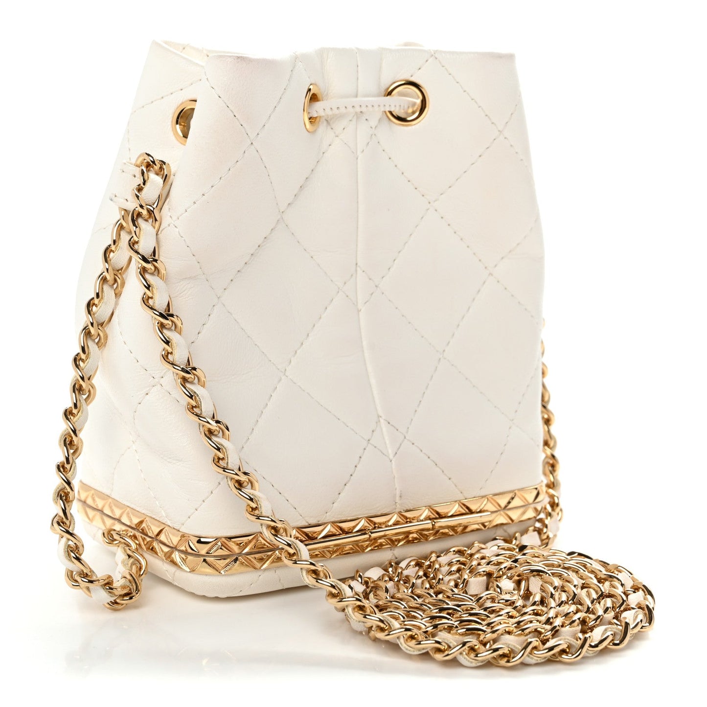 Metal Lambskin Quilted Small Chain Bucket Bag White