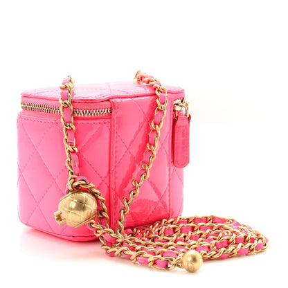 Patent Quilted Pearl Crush Mini Vanity Case With Chain Neon Pink
