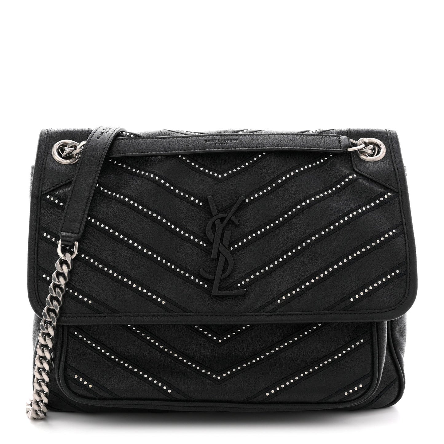 Calfskin Matelasse Monogram Microstud Medium Niki Chain Satchel Black