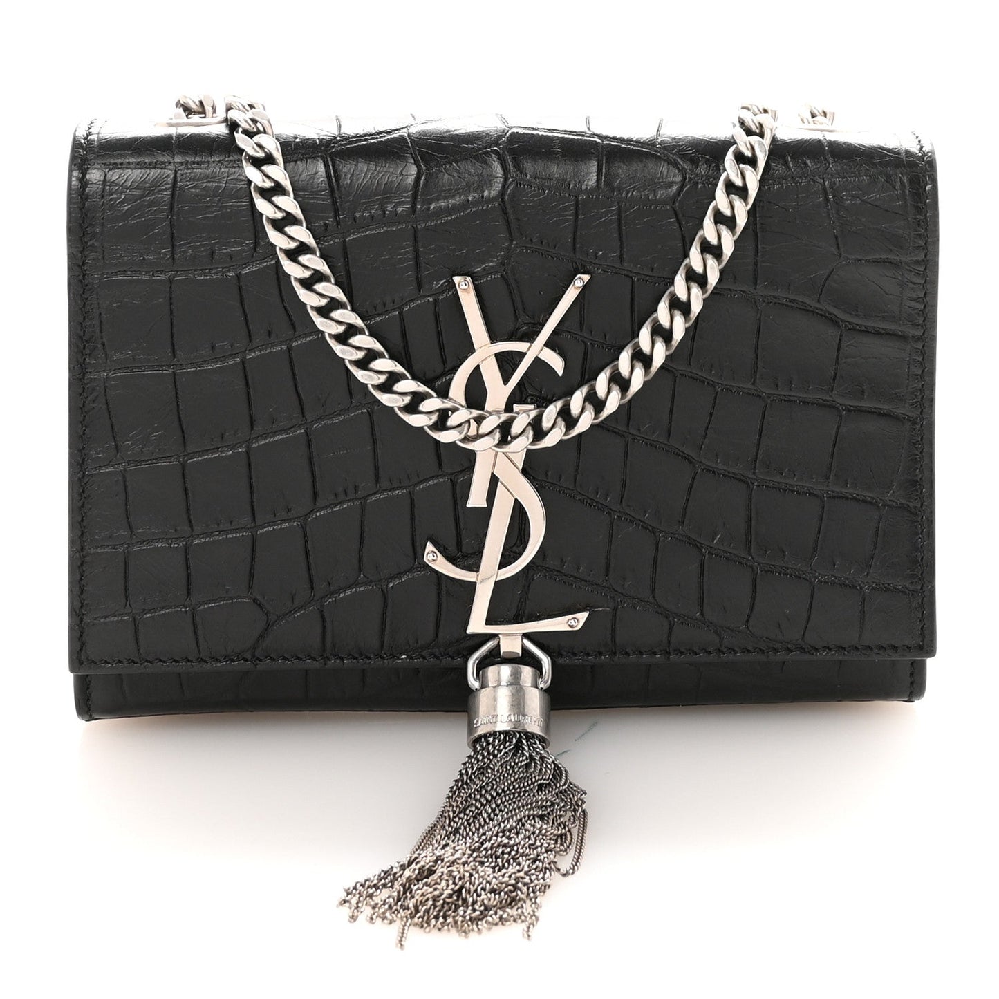 Calfskin Crocodile Embossed Small Classic Monogram Kate Tassel Satchel Black