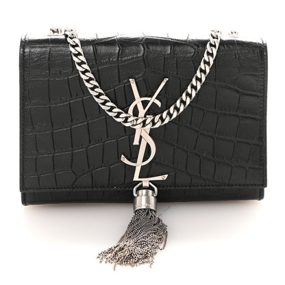 Calfskin Crocodile Embossed Small Classic Monogram Kate Tassel Satchel Black