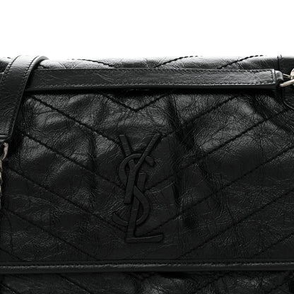 Crinkled Calfskin Matelasse Monogram Medium Niki Chain Satchel Black