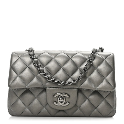 Metallic Lambskin Quilted Mini Rectangular Flap  Dark Grey