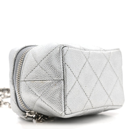 Metallic Caviar Quilted Mini Top Handle Vanity With Chain Silver