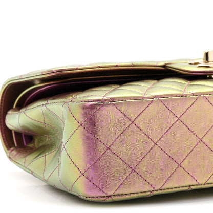 Iridescent Lambskin Quilted Medium Double Flap Purple