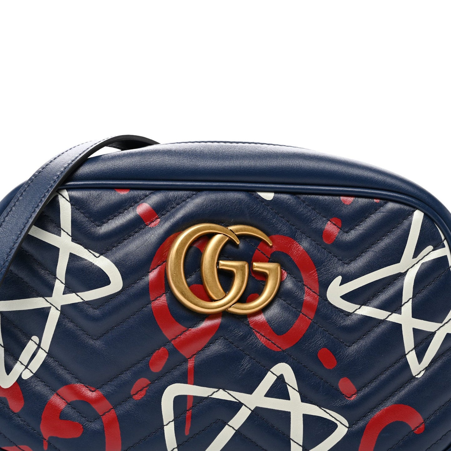 Calfskin Matelasse GucciGhost Small GG Marmont Chain Shoulder Bag Blue Agata Hibiscus Red