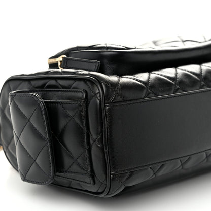 Shiny Crumpled Lambskin Quilted Medium Preppy Pocket Camera Case Black