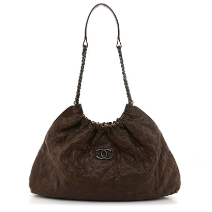 Distressed Glazed Caviar Quilted Large Elastic Tote Brown