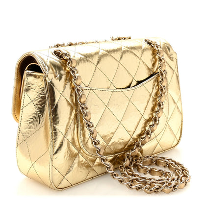 Hammered Metallic Calfskin Quilted Small Double Flap Gold