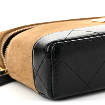 Suede Calfskin Shiny Lambskin Quilted Top Handle Slim Vanity Case With Chain Beige Black