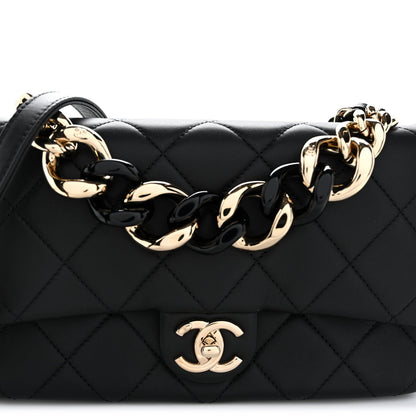 Lambskin Quilted Resin Bi-Color Chain Flap Bag Black