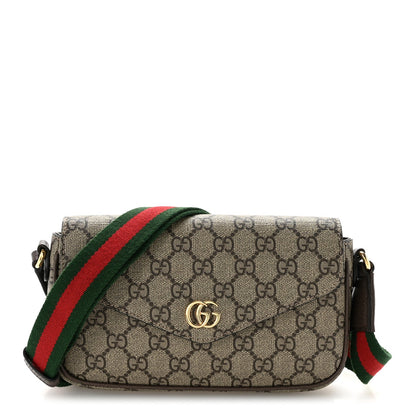 GG Supreme Monogram Textured Dollar Calfskin Web Mini Ophidia Envelope Shoulder Bag Beige Ebony New Acero