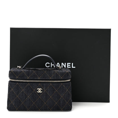 Denim Quilted Top Handle Slim Vanity Case With Chain Dark Blue Orange