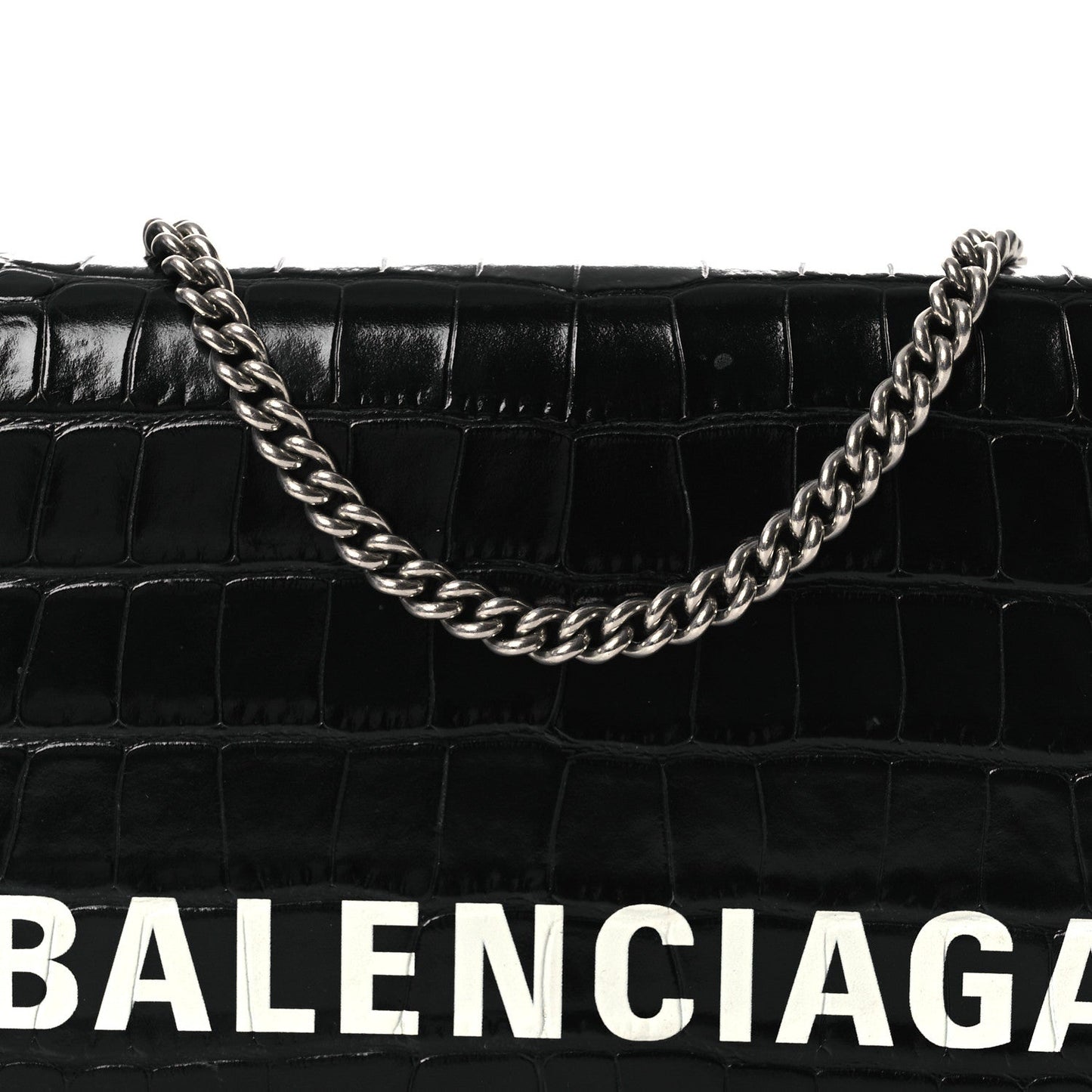 Shiny Calfskin Logo Crocodile Embossed Ville Wallet on Chain Black