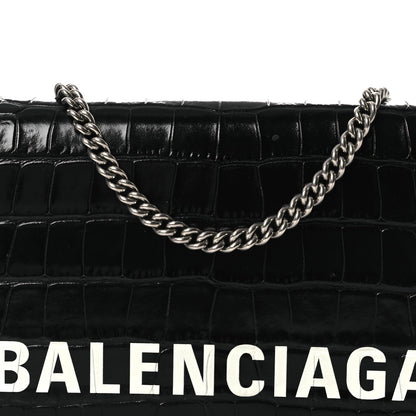 Shiny Calfskin Logo Crocodile Embossed Ville Wallet on Chain Black