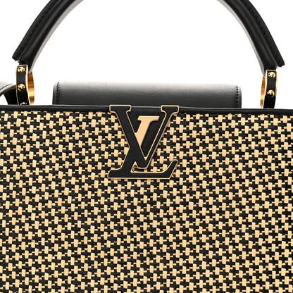 Raffia Calfskin Capucines MM Black Ecru