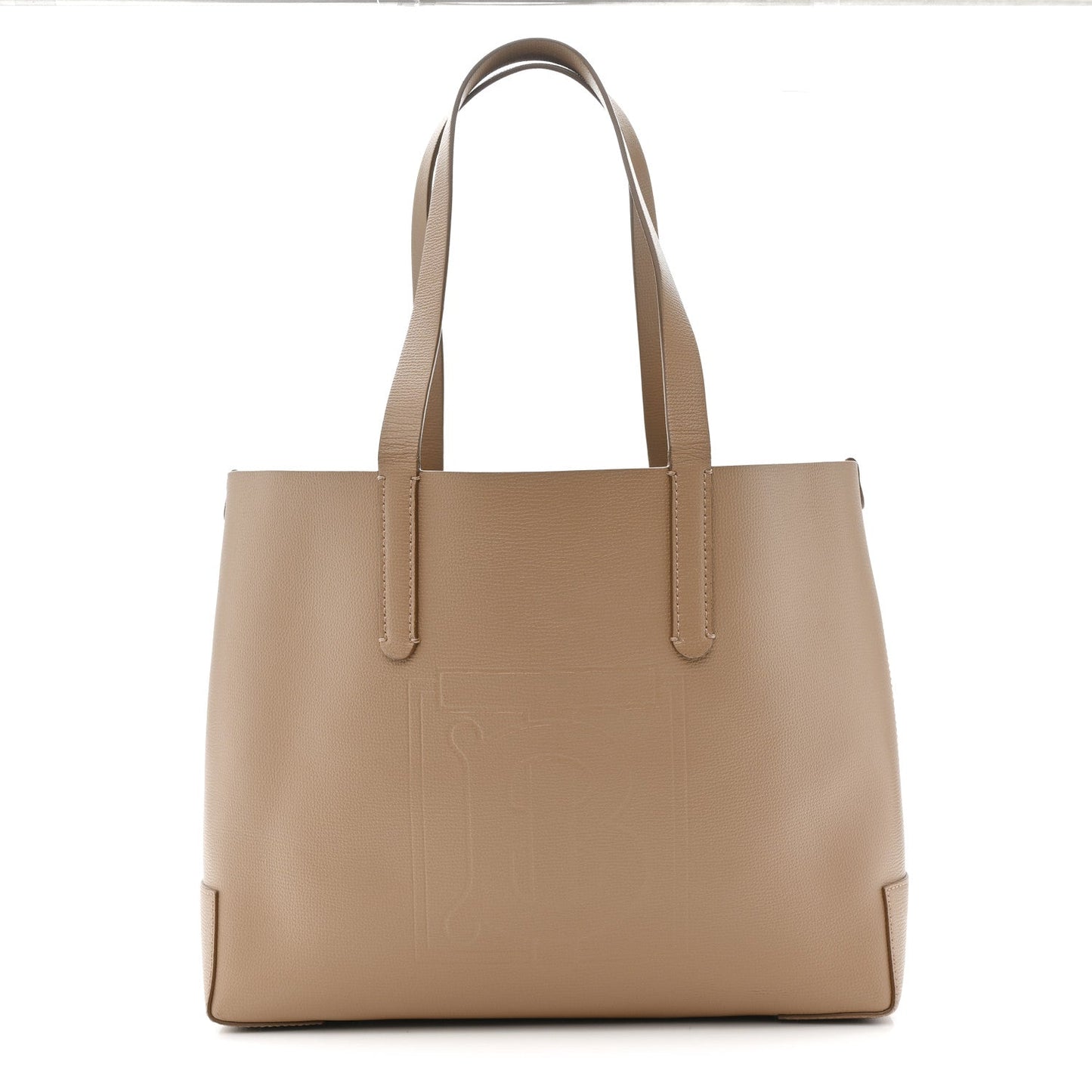 Calfskin TB Motif Embossed Medium Tote Camel